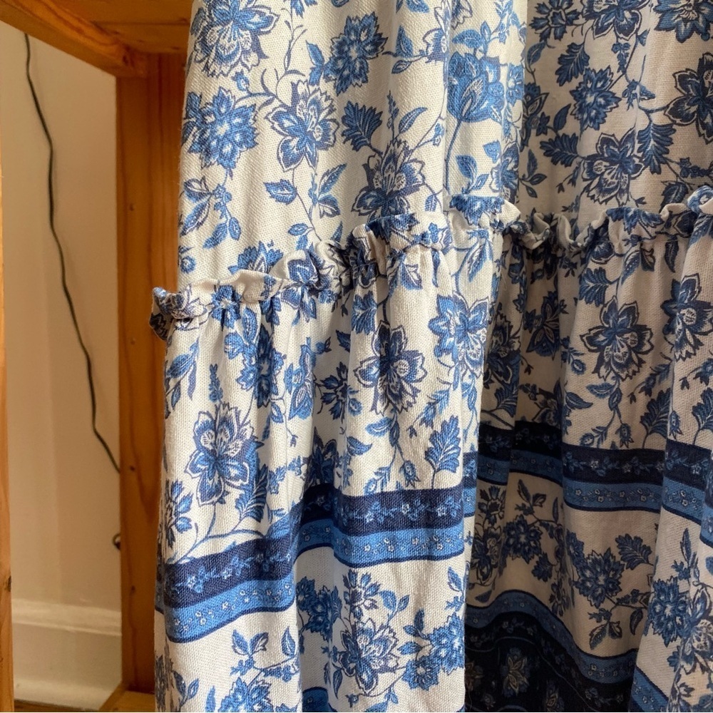 By The River Blue White Porcelain Floral Print Linen Blend Cut Out Midi Dress L - Picture 8 of 16
